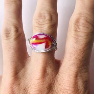 Handmade Hot pink Yellow‎ White Stone Silver Tone Wire Wrap Ring Size 8